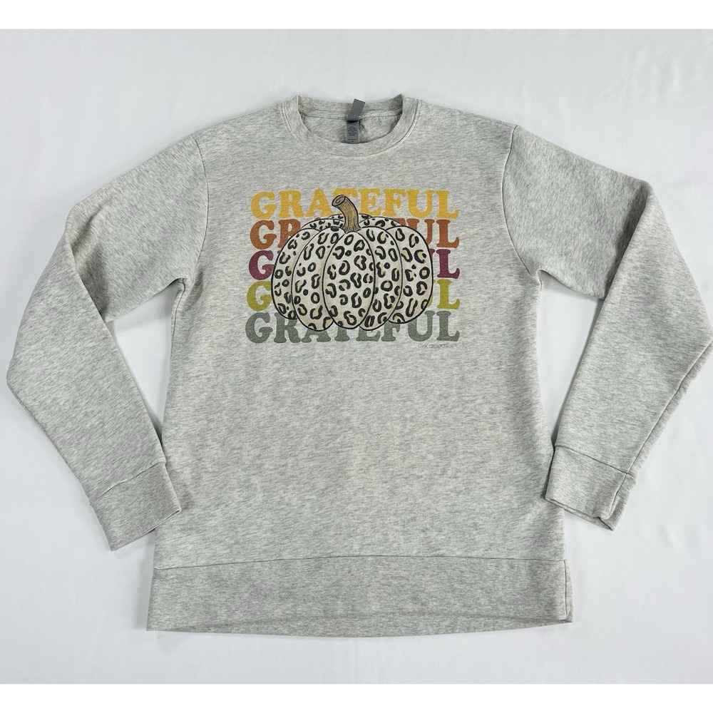 Women's Grateful Leopard Print Pumpkin Sweatshirt Grey Thanksgiving Fall Small